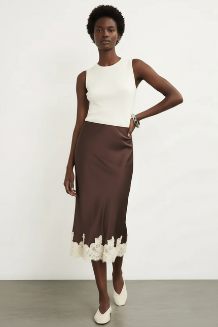 Jupe Satin Marron Dentelle Élégante