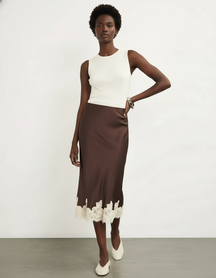 Jupe Satin Marron Dentelle Élégante