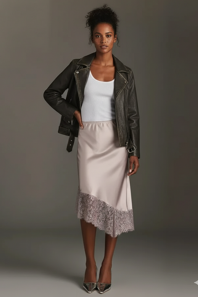 Jupe Satin Bordure Dentelle Asymétrique Fluide