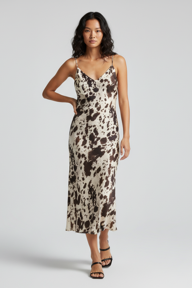 Jupe Satin Imprimé Animal Midi Fluide