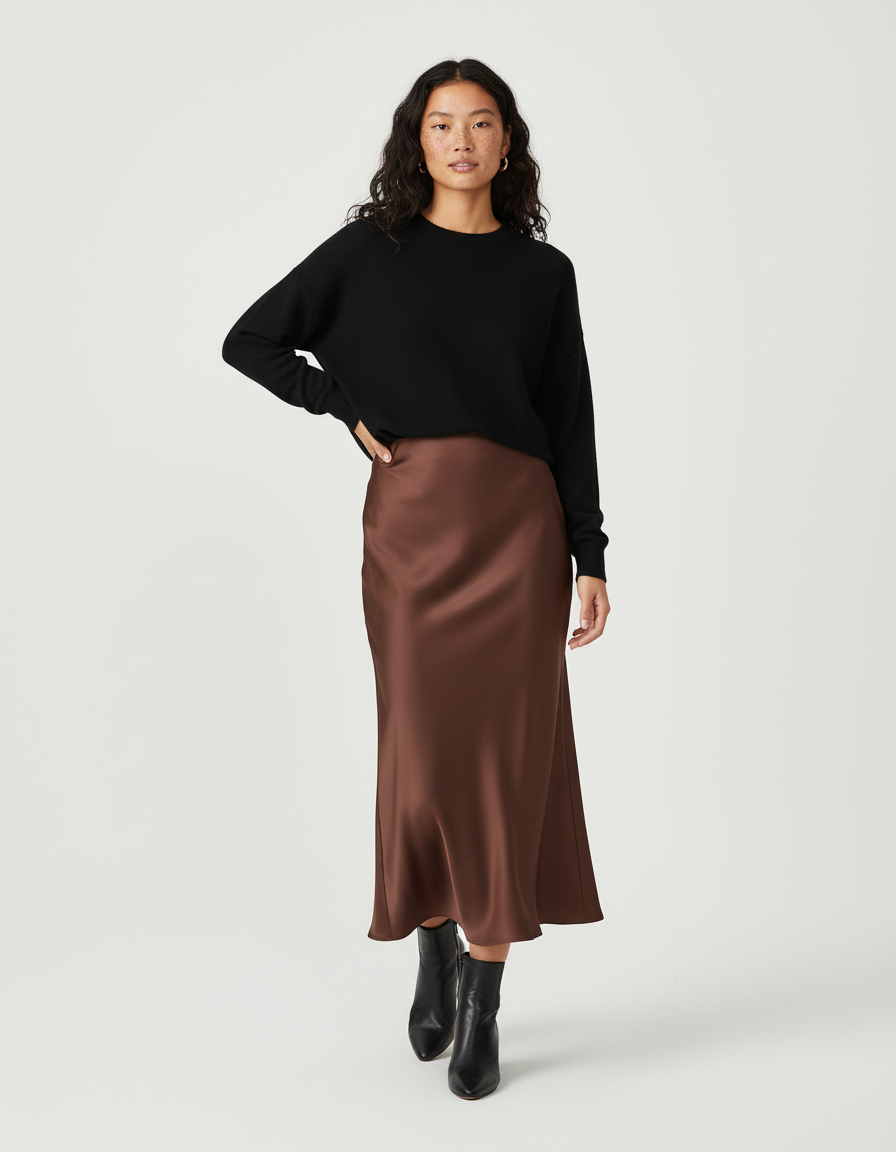 Jupe Satin Marron Fluide Élégante