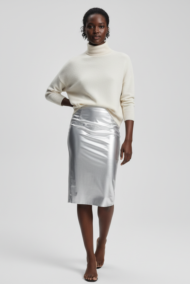 Jupe Satin Argentée Brillante Chic