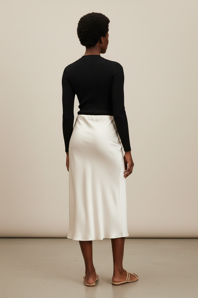 Jupe Midi En Satin Soie Ceinture Elastiquée