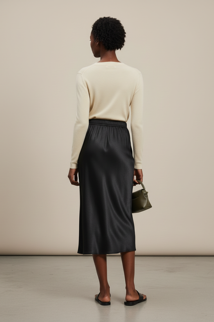Jupe Satin Noire Midi Élégante