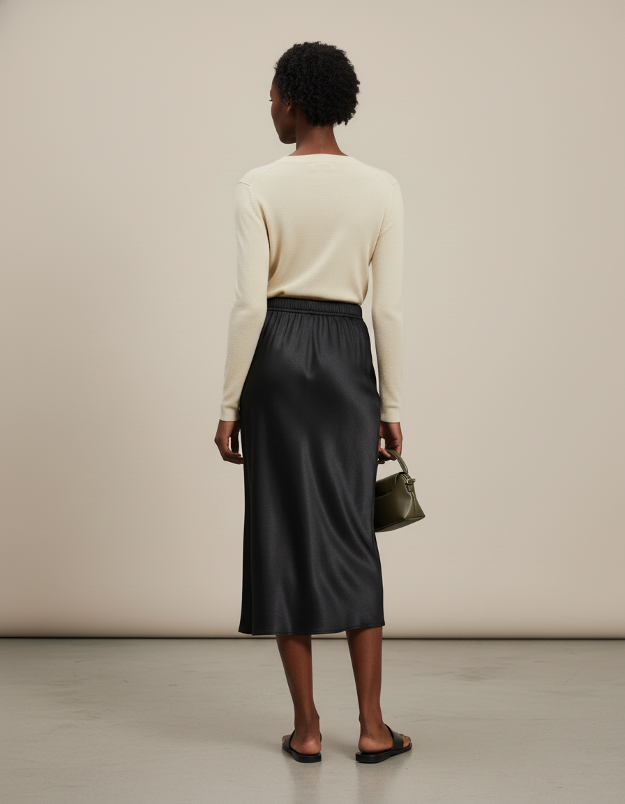 Jupe Satin Noire Midi Élégante