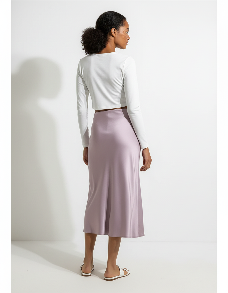 Jupe Midi Évasée En Satin Mauve