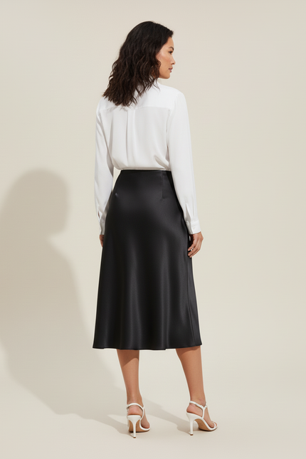 Jupe Satin Noire Midi Élégante Chic
