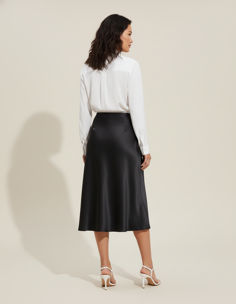 Jupe Satin Noire Midi Élégante Chic