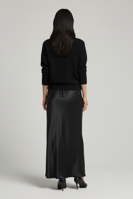 Jupe Satin Noire Maxi Fluide