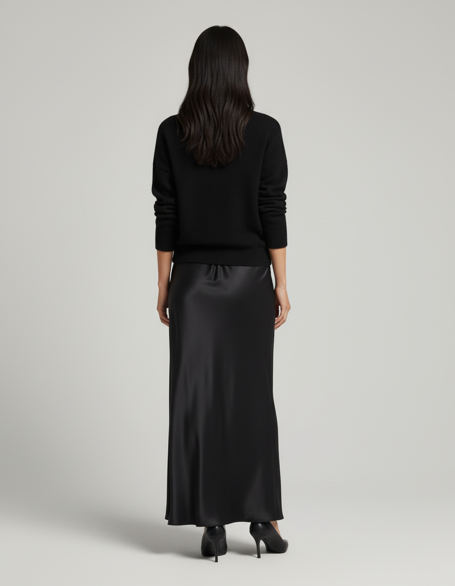 Jupe Satin Noire Maxi Fluide