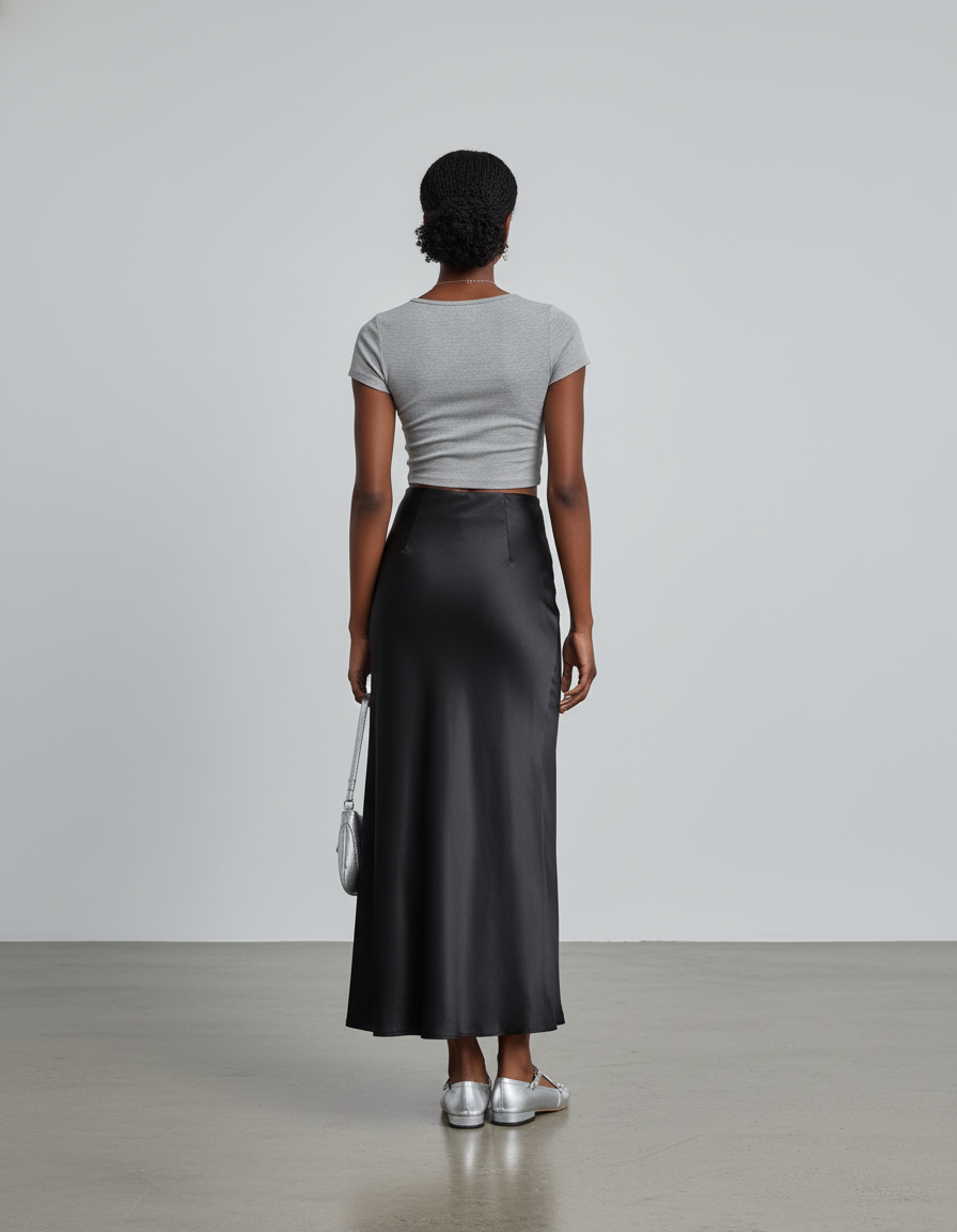 Jupe Satinée Noire Taille Élastique