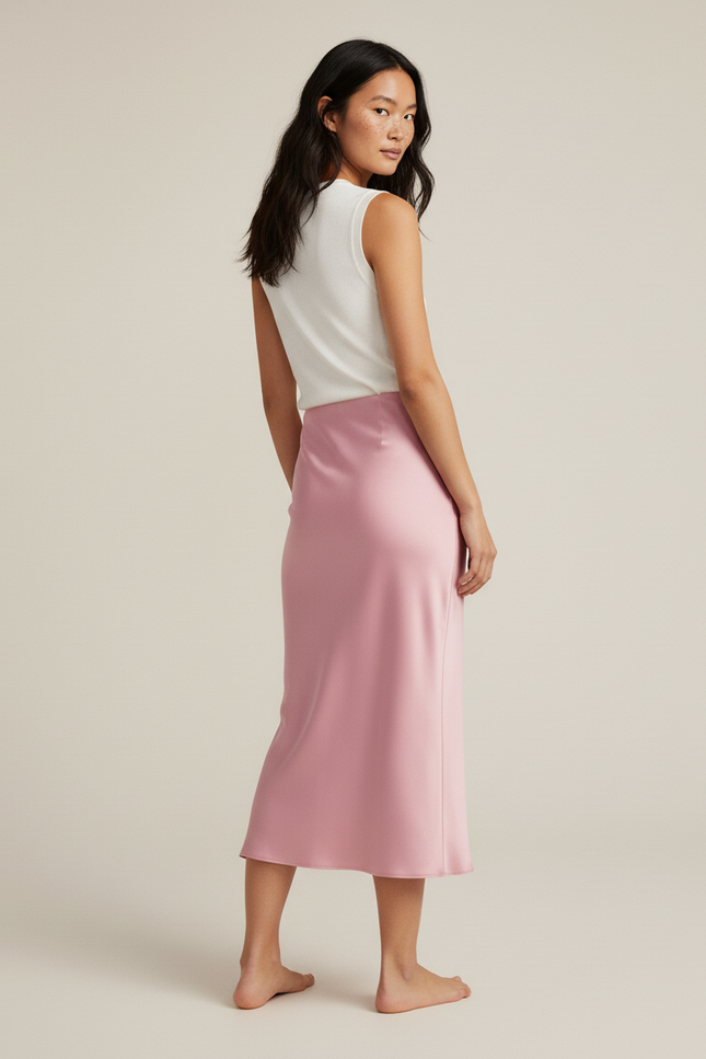 Jupe Rose Satinée Evasée Avec Ceinture Élastique Femme