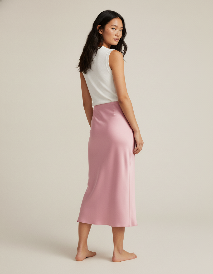 Jupe Rose Satinée Evasée Avec Ceinture Élastique Femme