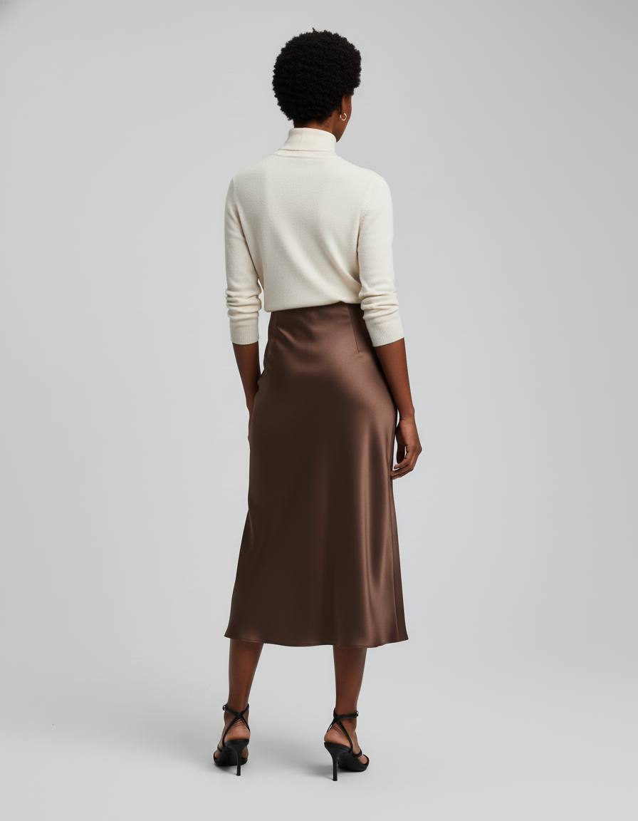 Jupe Satin Marron Fluide Élégante Chaleureuse