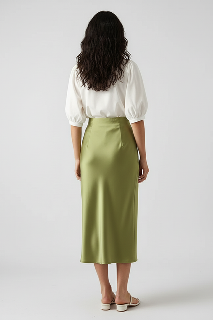 Jupe Mi-Longue Satinée Vert Citron Petite