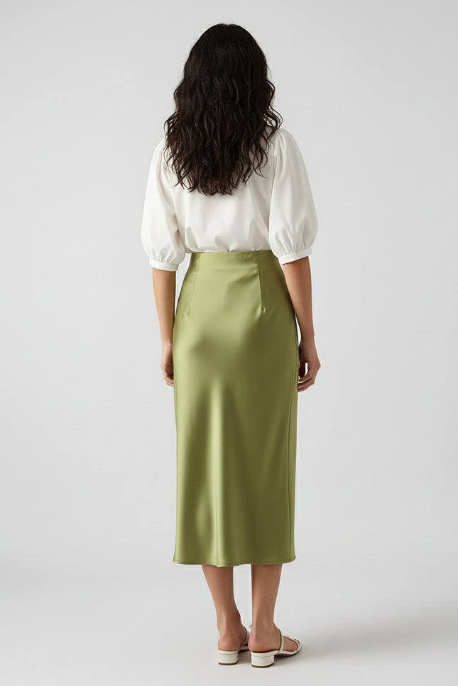 Jupe Mi-Longue Satinée Vert Citron Petite