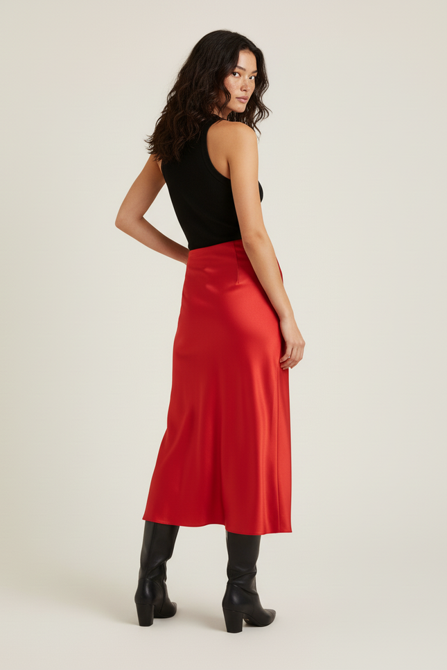 Jupe Satin Rouge Fluide Chic