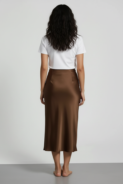 Jupe Satin Marron Longue Élégante