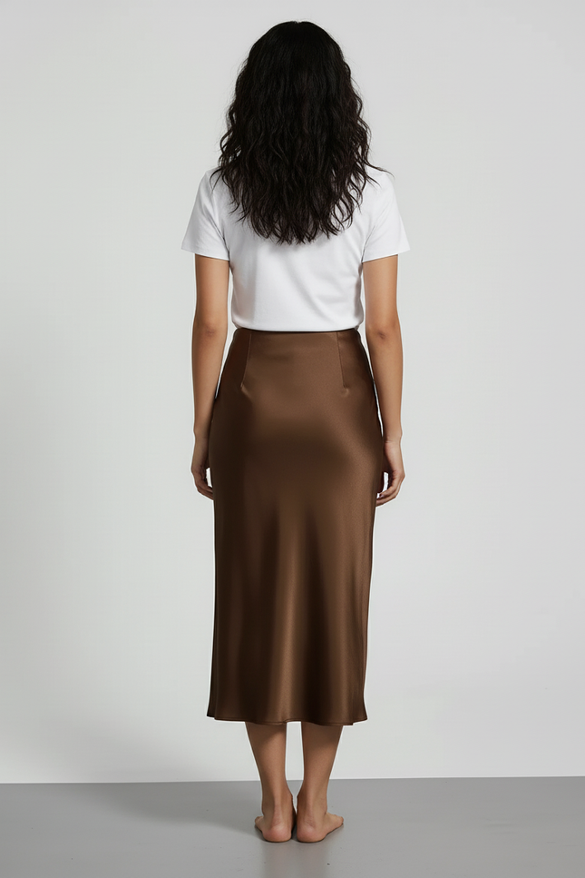 Jupe Satin Marron Longue Élégante