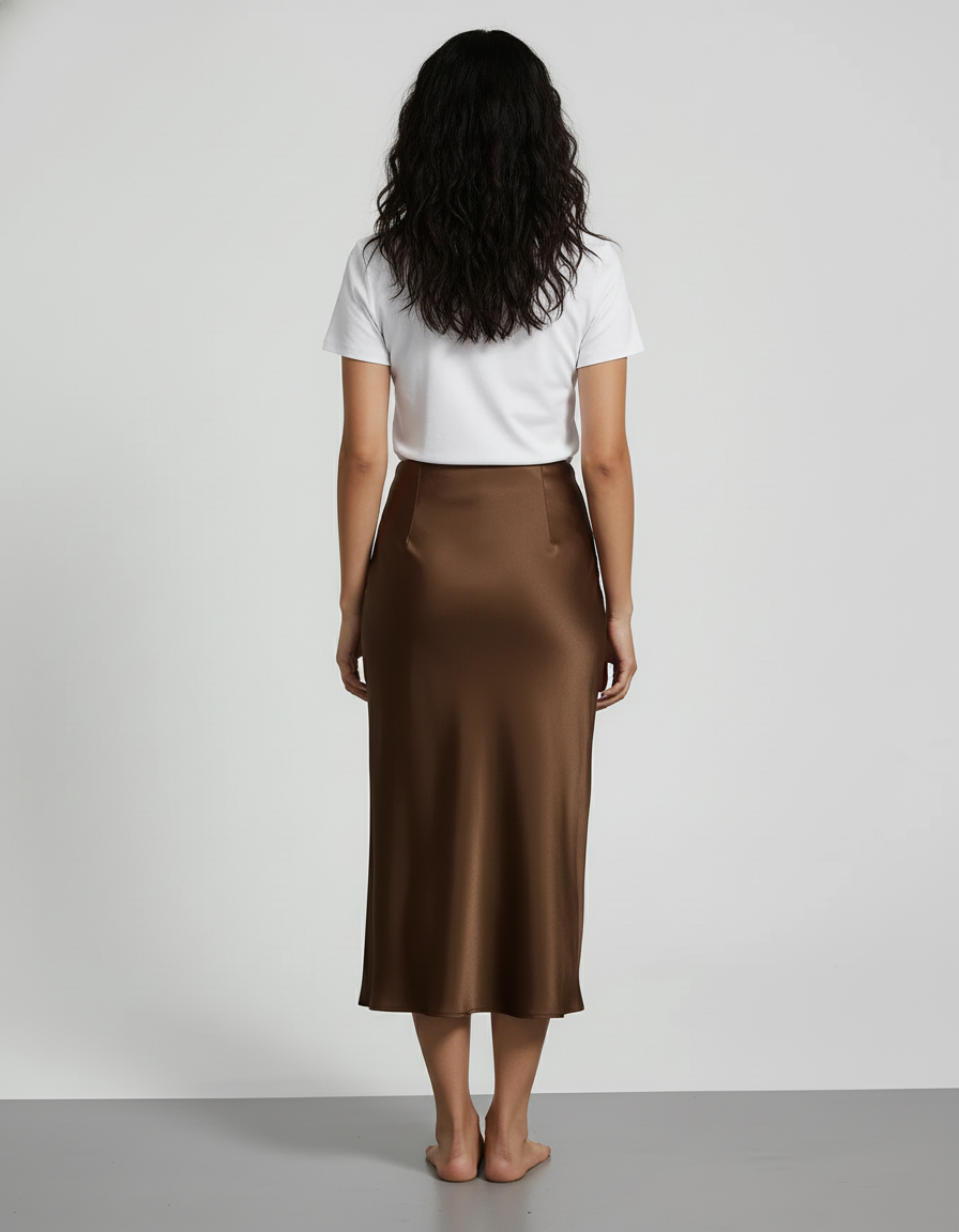 Jupe Satin Marron Longue Élégante