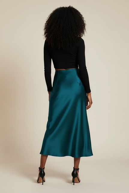Jupe Satin Bleu Canard Fluide Élégante