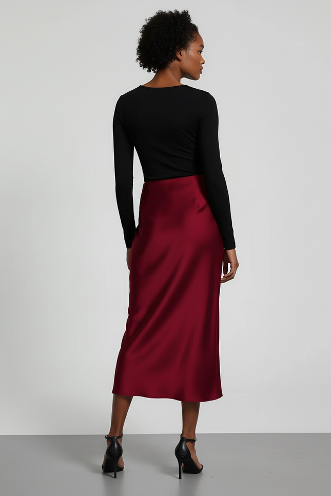 Jupe Satin Bordeaux Longue Élégante