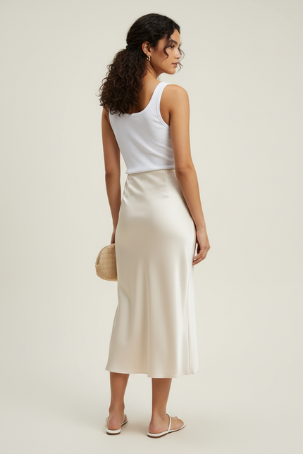 Jupe Satin Beige Midi Élégante