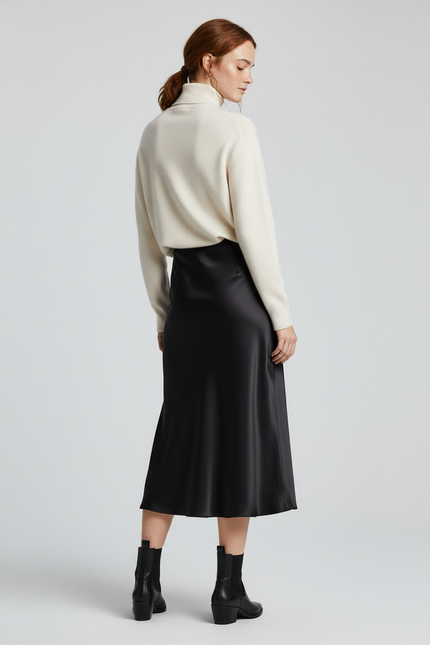 Jupe Longue Droite Satin Soie Noire
