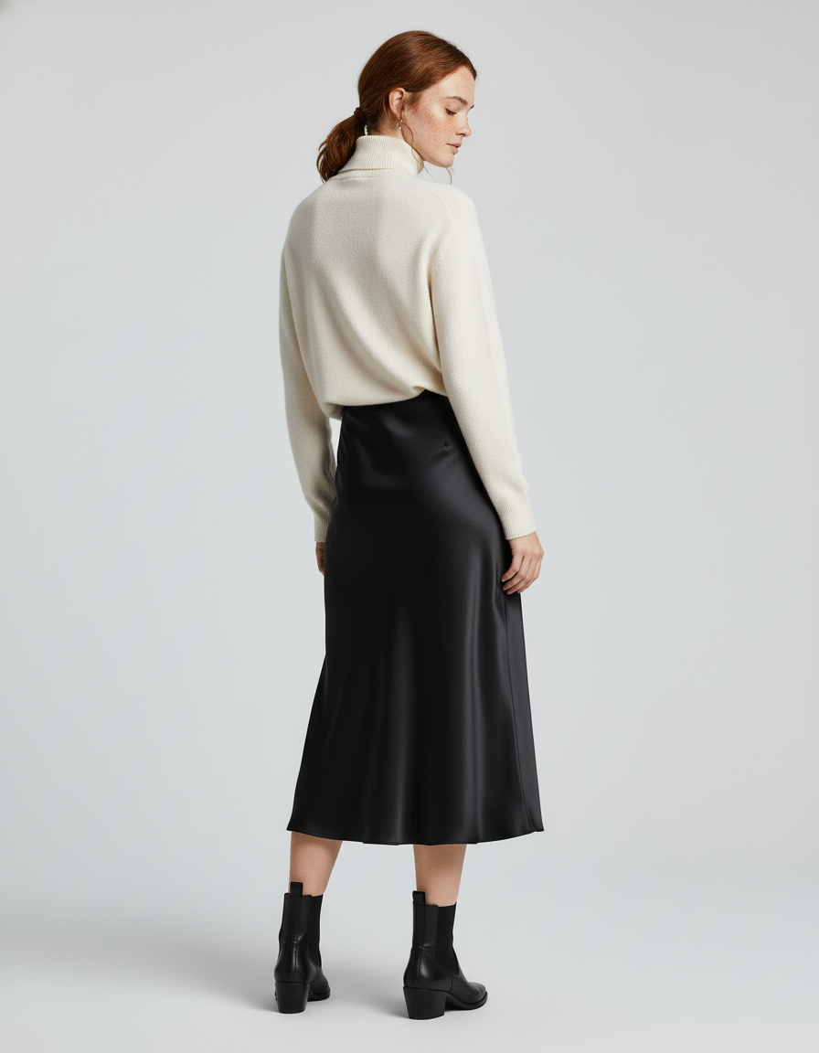 Jupe Longue Droite Satin Soie Noire