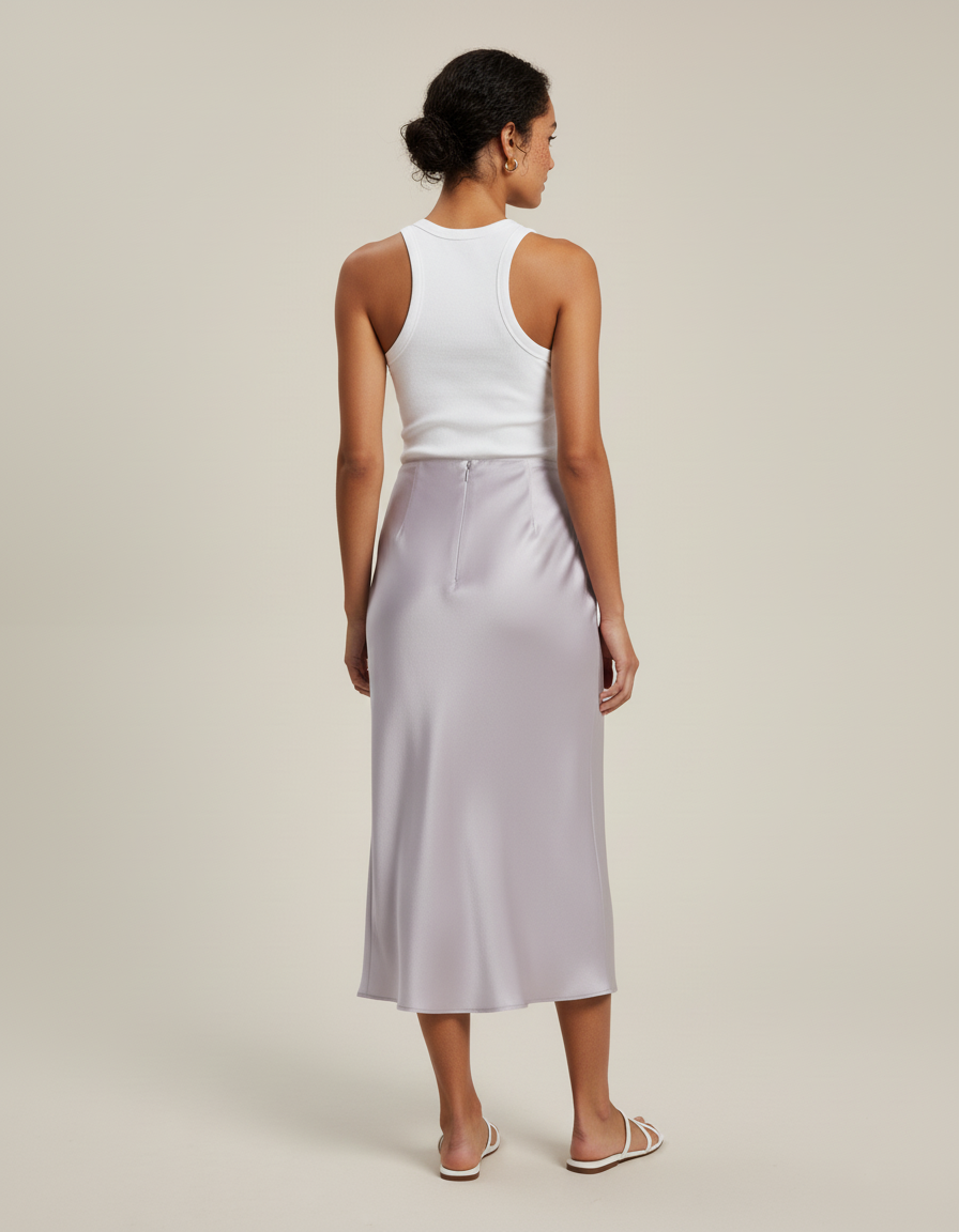 Jupe Satin Lilas Midi Fluide