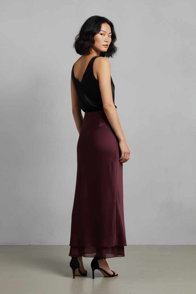 Jupe Satin Bordeaux Double-Couche Élégante