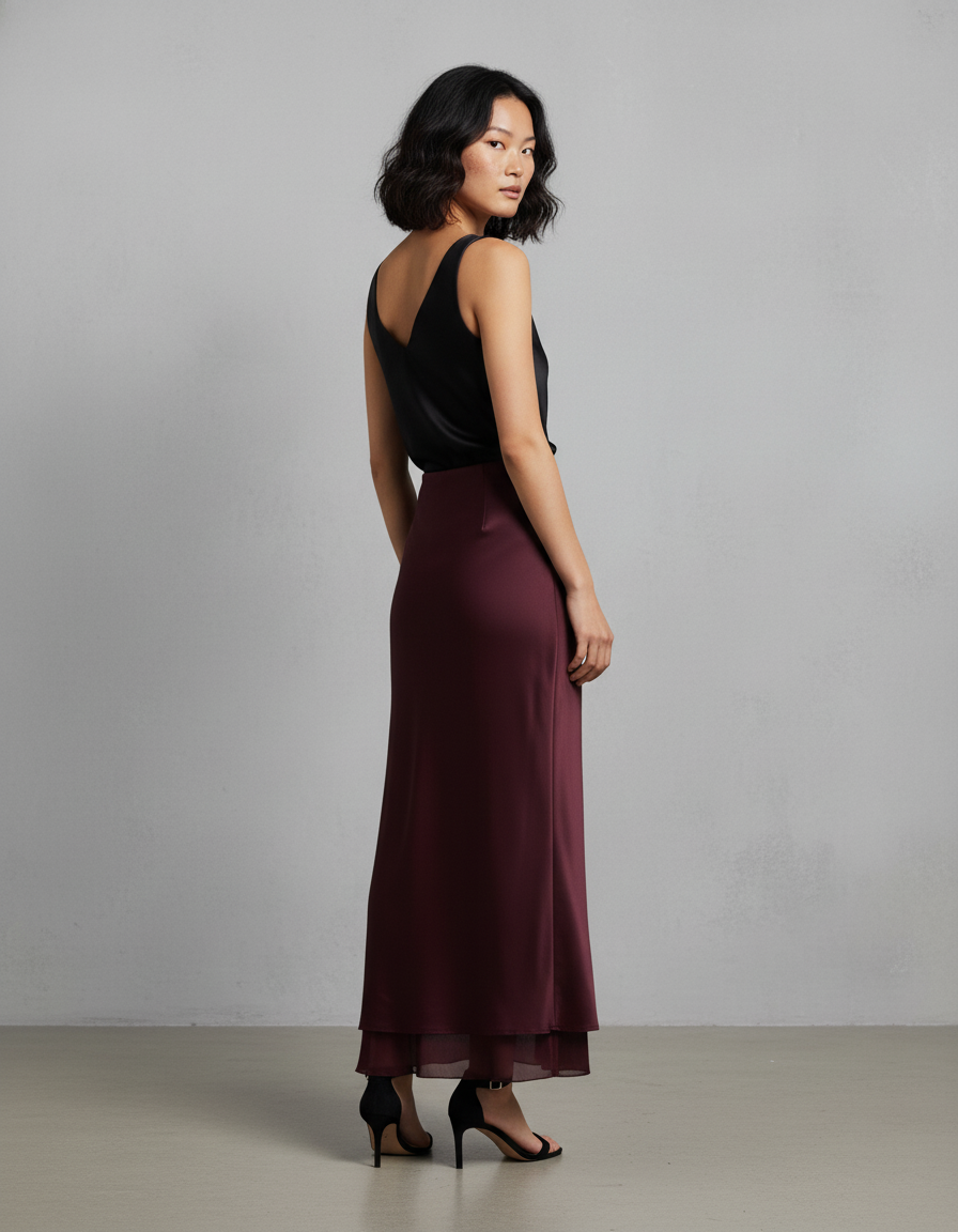 Jupe Satin Bordeaux Double-Couche Élégante