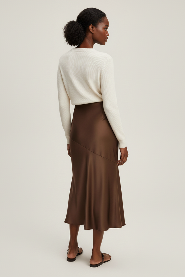 Jupe Satin Marron Évasée Élégante