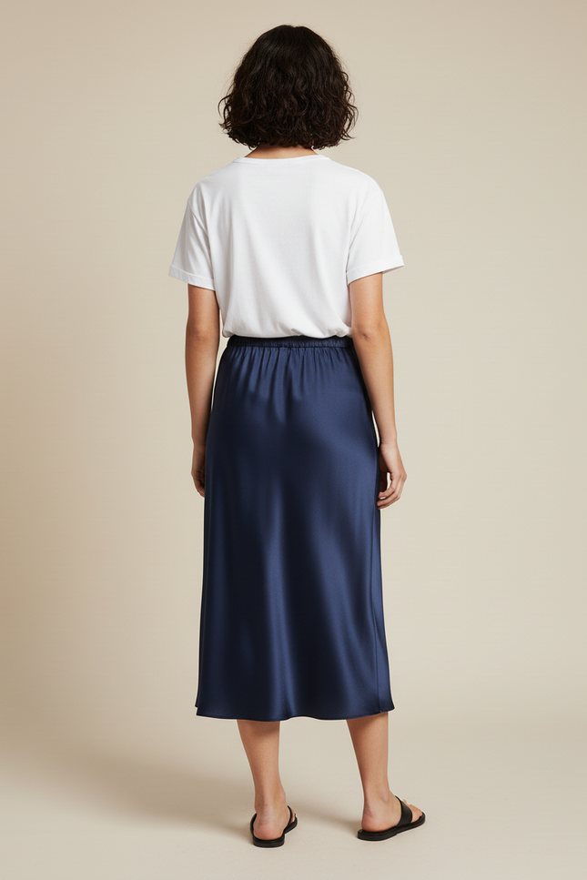 Jupe Satin Bleu Marine Longue Fluide