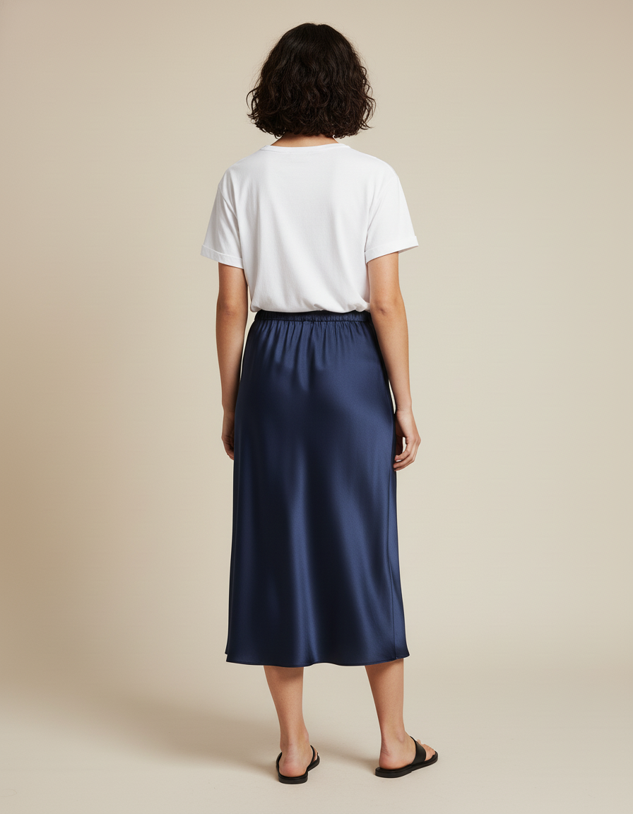 Jupe Satin Bleu Marine Longue Fluide