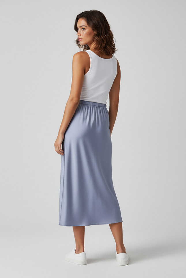 Jupe Satin Bleu Clair Fluide Élégante Lumineuse