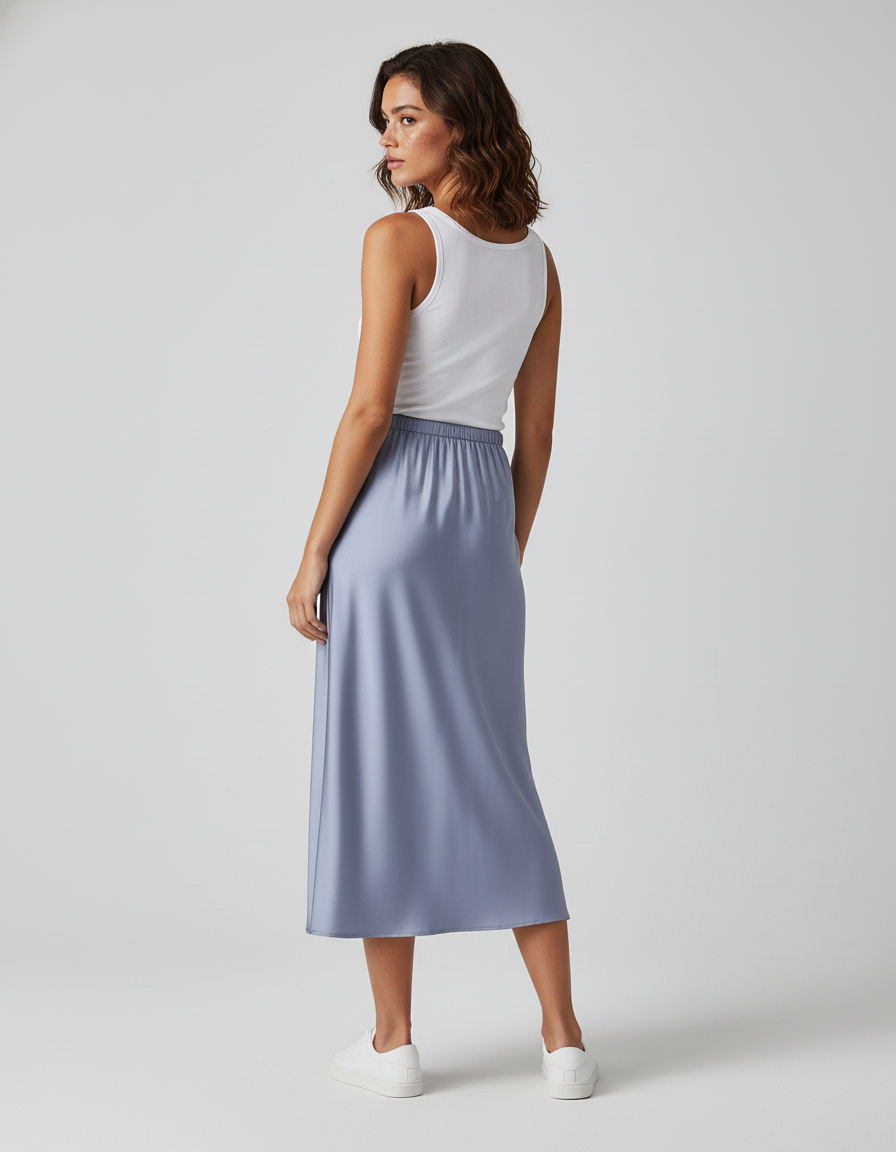 Jupe Satin Bleu Clair Fluide Élégante Lumineuse