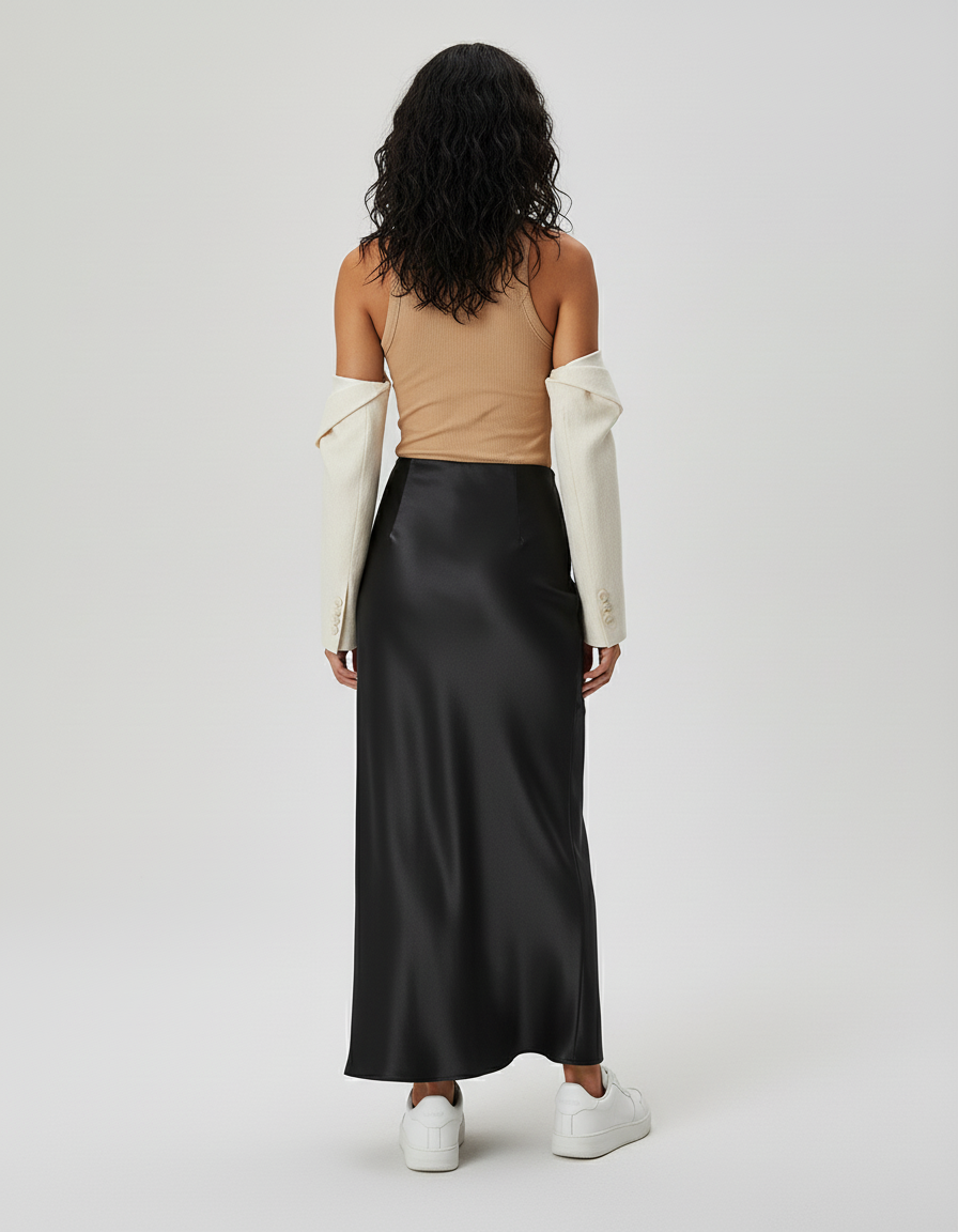 Jupe Satin Noire Fluide Élégante Féminine