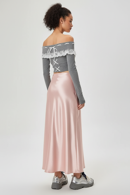 Jupe Satin Rose Longue Fluide