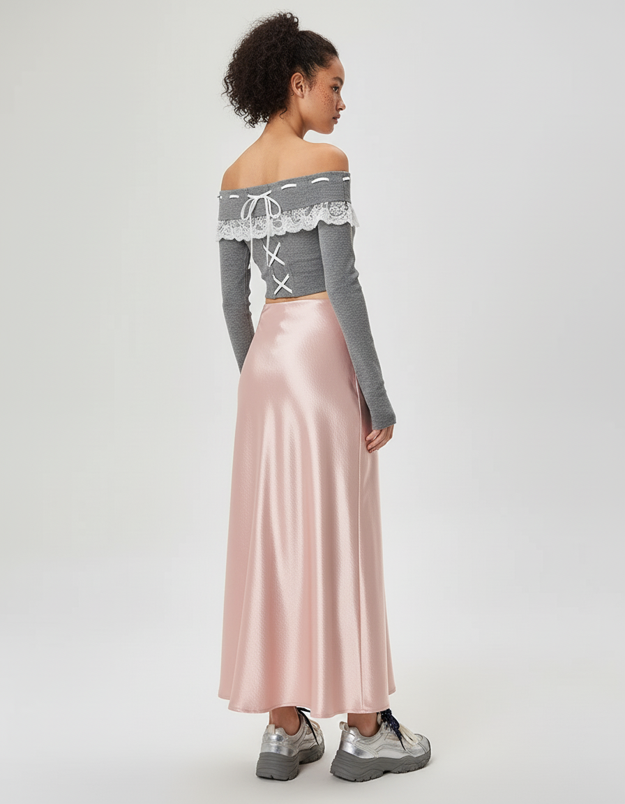 Jupe Satin Rose Longue Fluide