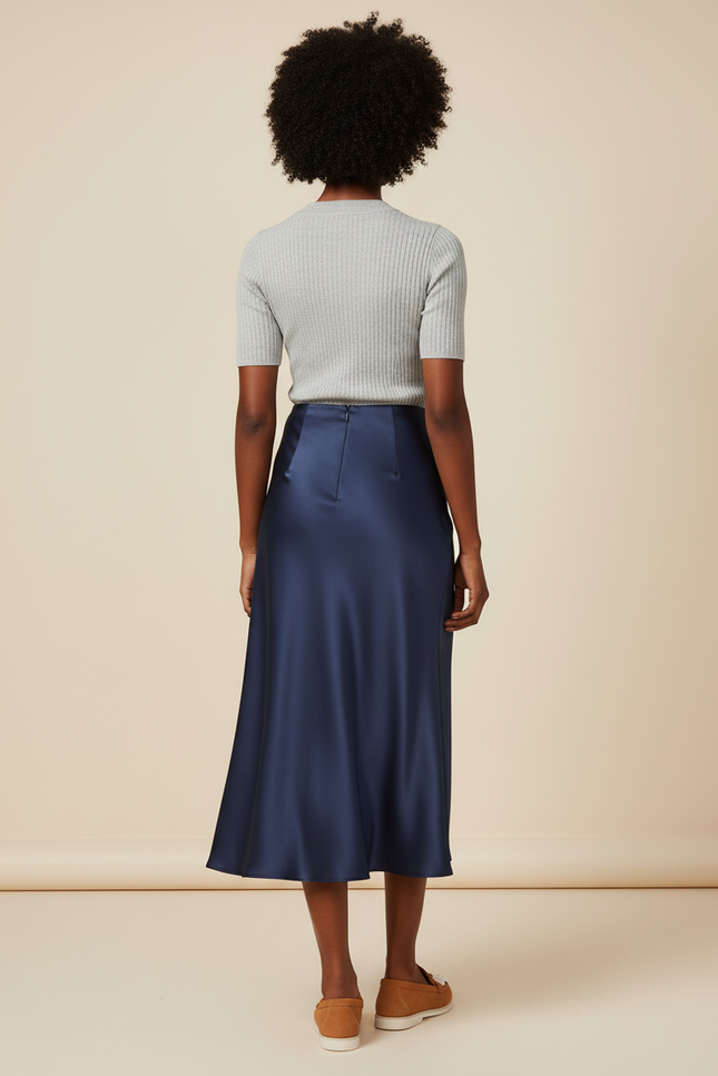 Jupe Longue Satin Bleu Marine