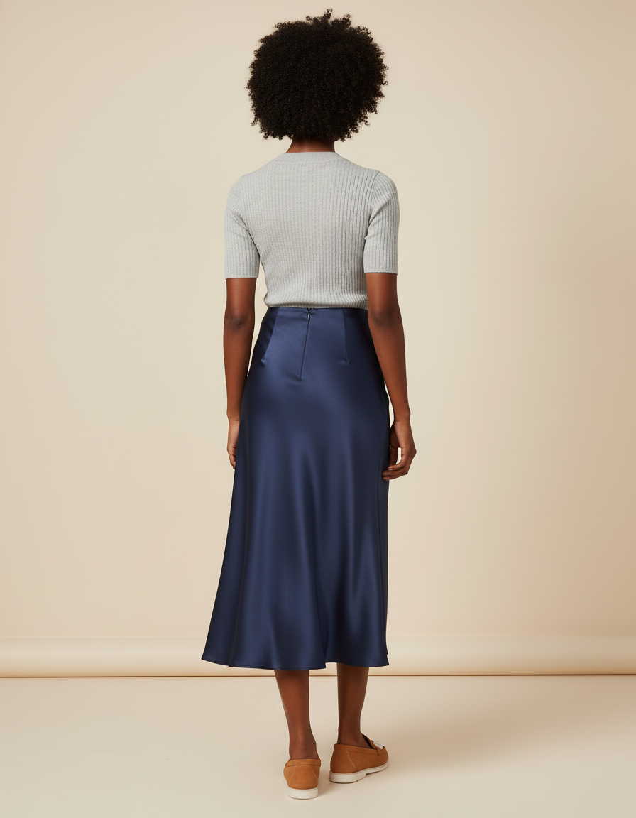 Jupe Longue Satin Bleu Marine