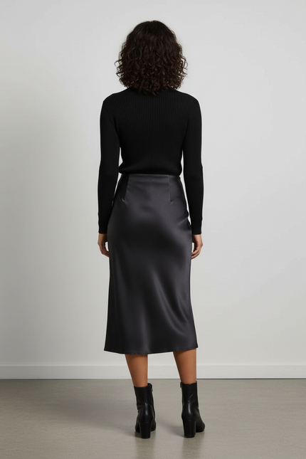 Jupe Satin Noire Midi Élégante Classique