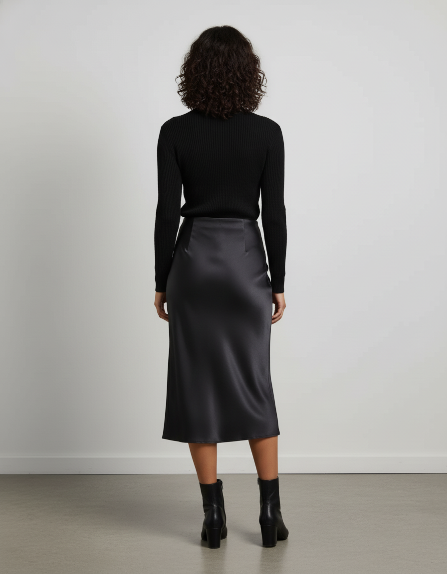 Jupe Satin Noire Midi Élégante Classique