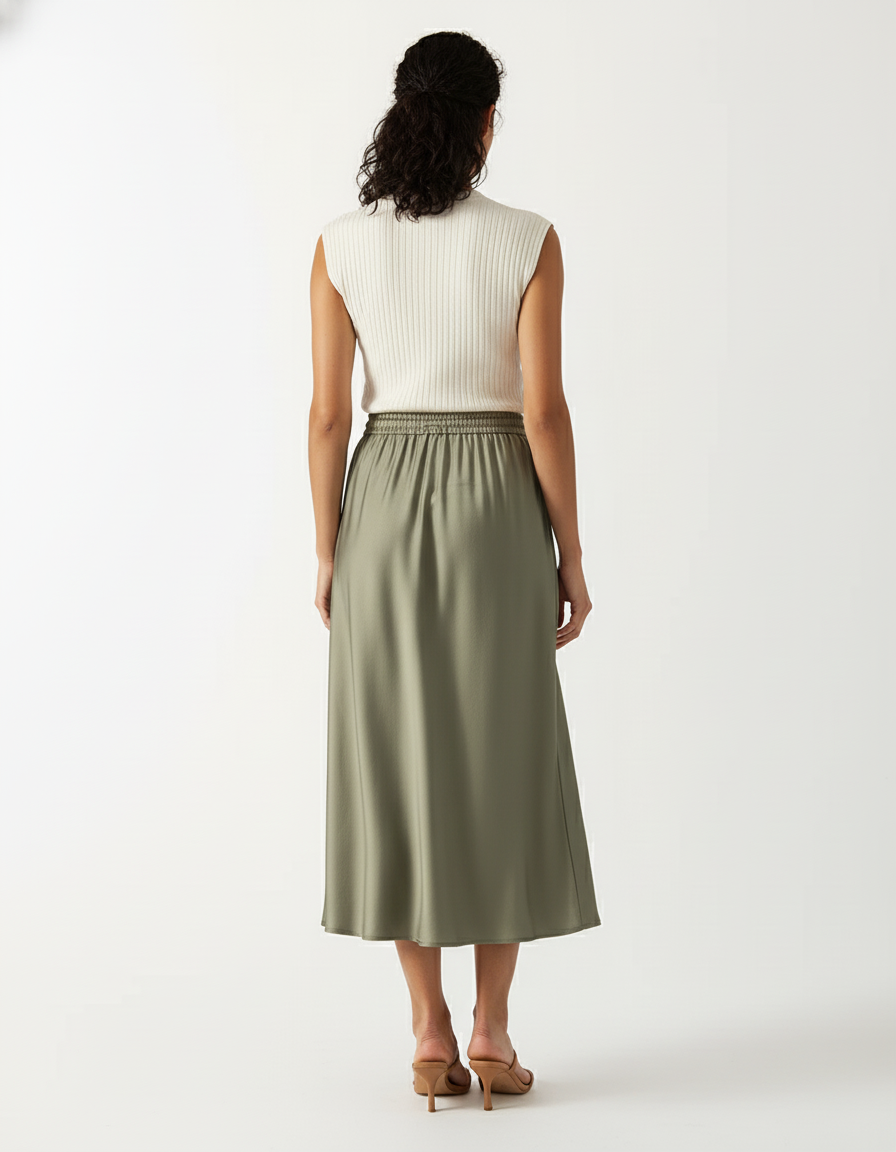 Jupe Satin Kaki Fluide Élégante