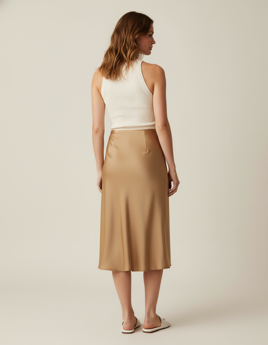Jupe Satin Camel Midi Fluide
