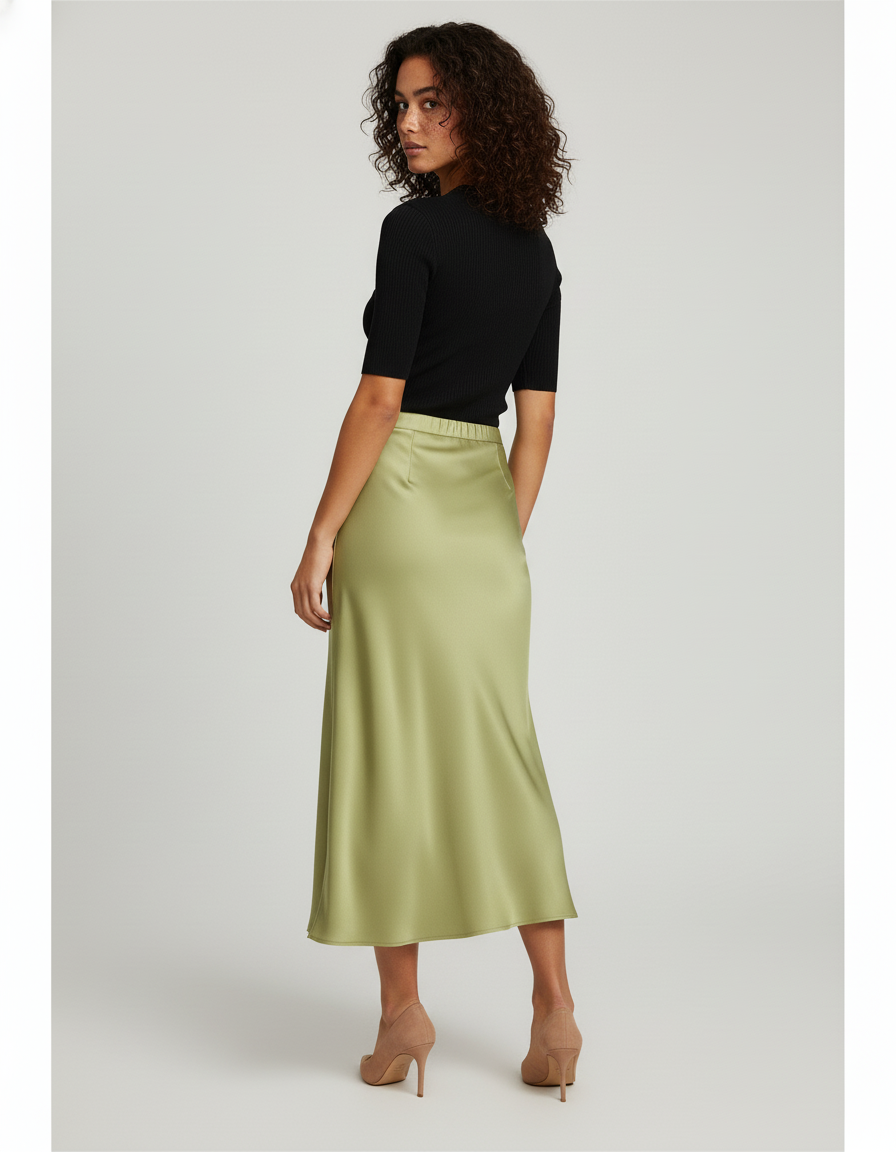 Jupe Satin Verte Fluide Élégante Fluide