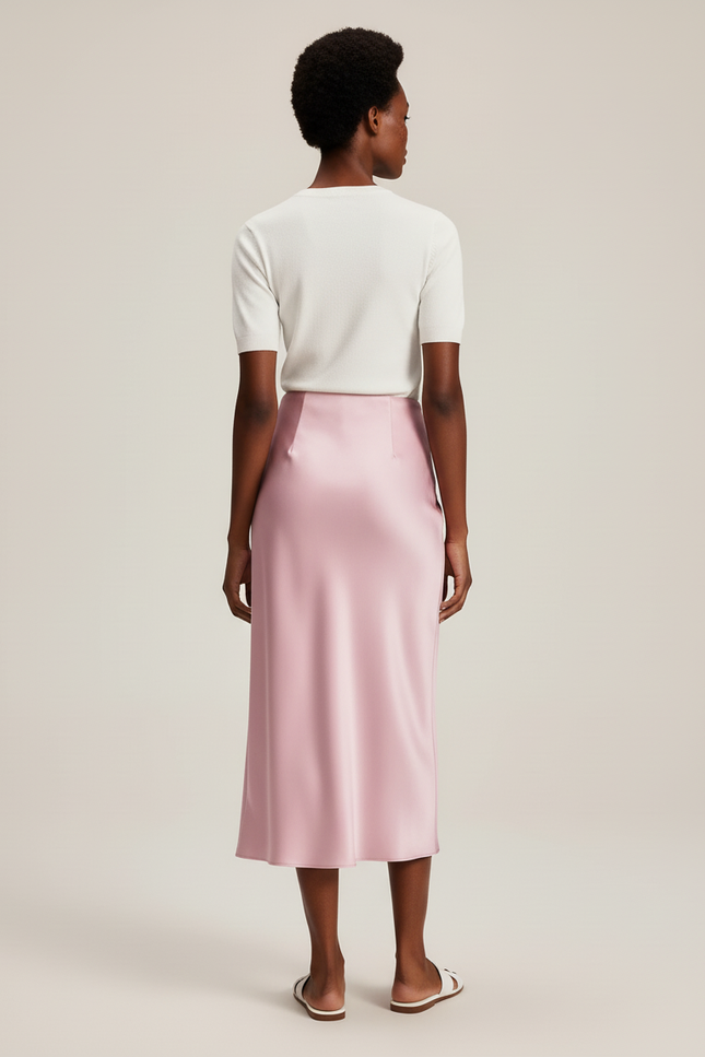 Jupe Satin Rose Pâle Fluide Élégante Romantique
