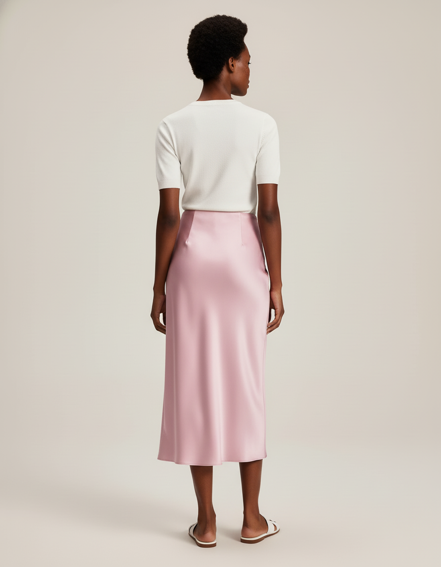 Jupe Satin Rose Pâle Fluide Élégante Romantique