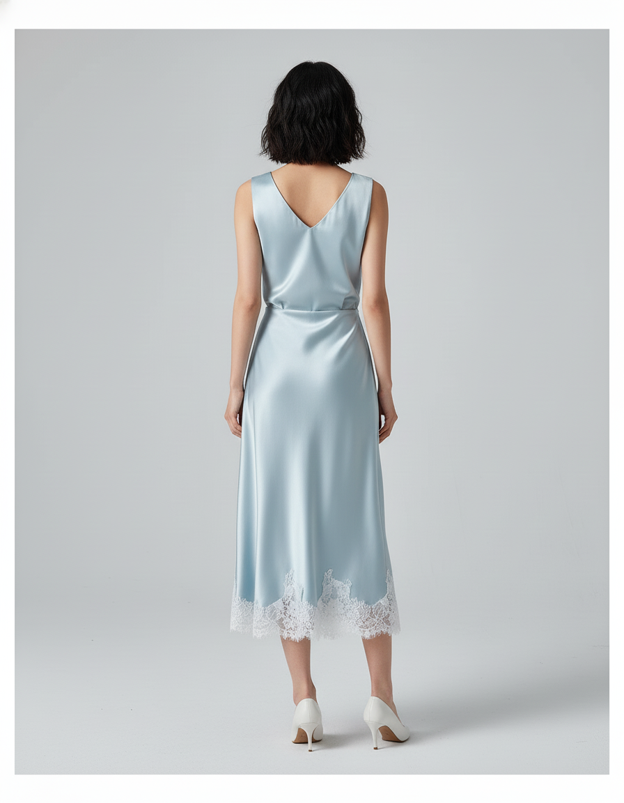Jupe Satin Bleu Ciel Dentelle Élégante